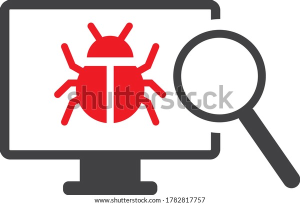 analyze computer bug\
and software bug on screen monitor with magnifying glass - vector\
illustration concept
