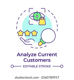 Analyze current customers multi color concept icon. Work with actual base. Audience behavior research step. Round shape line illustration. Abstract idea. Graphic design. Easy to use in presentation