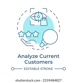 Analyze current customers soft blue concept icon. Work with actual base. Audience behavior research step. Round shape line illustration. Abstract idea. Graphic design. Easy to use in presentation