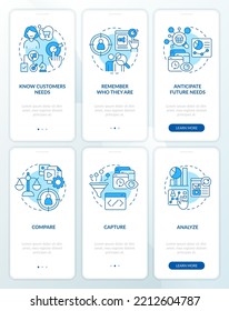 Analyze customer behavior blue onboarding mobile app screen set. Walkthrough 3 steps editable graphic instructions with linear concepts. UI, UX, GUI template. Myriad Pro-Bold, Regular fonts used