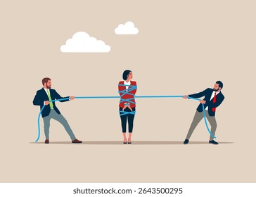 Analyze data, crash and Company Bankruptcy. Woman tied by a rope held by 2 businessmen. Crash in business and career. No income and debt is increasing. Flat vector illustration