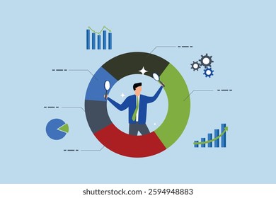 Analyze data, entrepreneur using magnifying glass to examine pie chart information. 