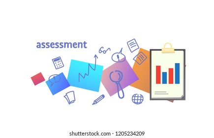 analyze data report and consult assessment evaluation performance concept sketch doodle horizontal vector illustration