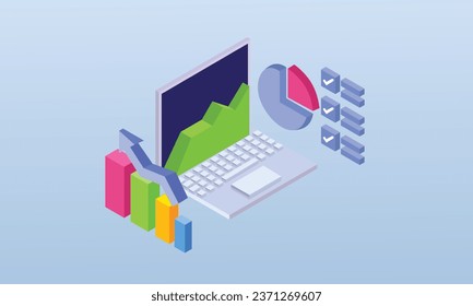 Analyze data using a computer or laptop design home page Description of graph data.on blue background.3D design.isometric vector design Illustration.