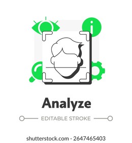 Ícone de conceito de estrutura de tópicos plana Analisar eventos. Ecossistema de segurança física. Avaliação de dados de sistemas de detecção. Ilustração de linha moderna com glifos verdes. Visual conceitual. Fácil de editar