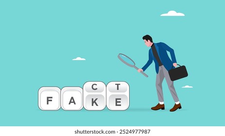 analyze fake or fact, fact or fake concept, Misinformation spread by the tricks of brains, businessman analyzes the cube with the words fact and fake using a magnifying glass