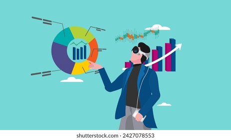 analyze financial data using virtual reality and augmented reality technology, businessman analyzes company marketing and investment chart using mixed reality headset concept vector illustration