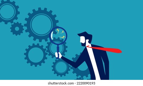 Analyze and find business flaws. Businessman using a magnifying glass to look at the gears