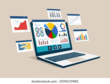 Analyze graph and chart. Business data analysis research and finance investment planning. Flat vector illustration
