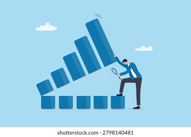 Analyze graph or chart datum for insight information, research or investigate for data transparency, statistic inspection, trend analysis, businessman analyze open bar chart with magnifying glass.