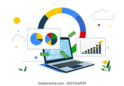 Analyze graph and chart. Financial Report. Reviewing investment portfolio. Online business making money, investment return. Vector illustration