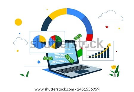 Analyze graph and chart. Financial Report. Reviewing investment portfolio. Online business making money, investment return. Vector illustration