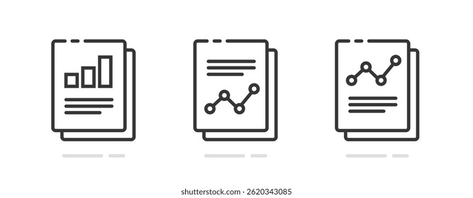 Analyze graphs sales data research report icon line stroke vector graphic set, thin linear outline statistics paper document pictogram simple sign symbol, audit research revenue profit timeline