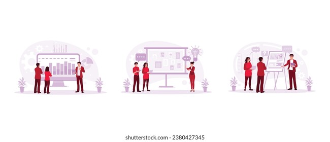 Analyze the growth graph. We are presenting interface design. Hold meetings with colleagues. Presentation concept. set trend modern vector flat illustration
