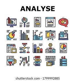 Analyze Infographic Collection Icons Set Vector. Analyze And Research Market Diagram, Binary Code And Report On Computer Display Color Contour Illustrations