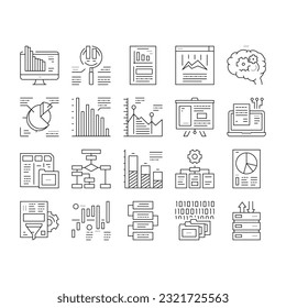 Analysieren Sie Infografik Collection Symbole Set Vektorgrafik. Analyse und Recherche von Marktdiagrammen, Binärkode und Bericht über Schwarze Kontrastbilder von Computerbildschirmen
