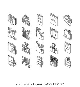 Conjunto de iconos isométricos de la colección de infografías. Analice E Investigue El Diagrama De Mercado, Código Binario E Informe Sobre El Contorno De Color De La Pantalla De La Computadora .