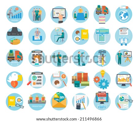 Analyze of internet shopping process of purchasing and delivery. Business online sale icons. Poster concept with icons of buying product via online shop and e-commerce shopping elements in flat design