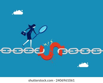 Analyze lost profits. businesswoman uses a magnifying glass to examine a broken money chain