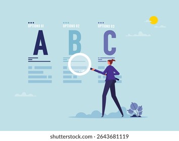 Analise para fazer escolhas de conceito de decisão, descobrir o caminho da oportunidade, direções ou caminho para o sucesso, empresária procurando estratégia de trabalho para o sucesso com lupa