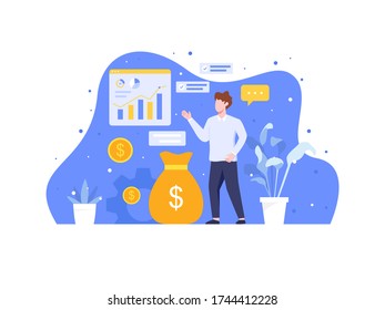 Analyze and manage investment. Investment and analysis money cash profits, Employee or manager making investing plans. Calculating benefits, Career growth and Business success. Vector in flat style