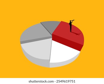 Analyze market share. Businessman looking through binoculars on circle chart Vector