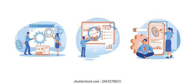 Analyze marketing charts. SEO optimization. Increasing SEO targets and performance. Business marketing concept. Set flat vector illustration.