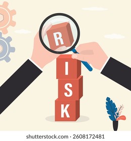 Analyze potential danger level. Hands with magnifying glass and cubes on stack with the word RISK. Risk management, control or assess to lose money in investing. Business strategy, planning. Vector
