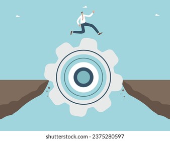 Analyze problem to find a business solution to solve problem, experience and skills to achieve success, leadership, strategy planning to achieve the highest result, man goes over a cliff using a gear.