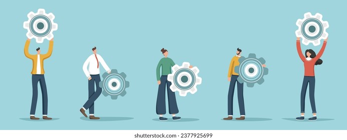 Analyze problem to find a business solution to solve the problem, experience and skills to achieve success, leadership, technical support and service, set of illustrations of random people with gears.