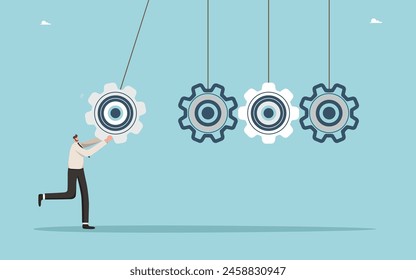 Analyze problem to find a business solution to solve problem, experience and skills to achieve success, leadership, strategy planning to achieve the highest result, a man sets gears to work.