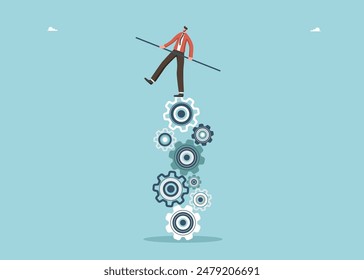 Analyze problem to find a business solution to solve problem, experience and skills to achieve success, leadership, strategy planning to achieve the highest result, man balancing on gears.