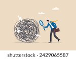 Analyze problem finding solution or opportunity, look for details to solve problem, discovery or search, root cause analysis or troubleshooting concept, businessman analyze mess with magnifying glass.