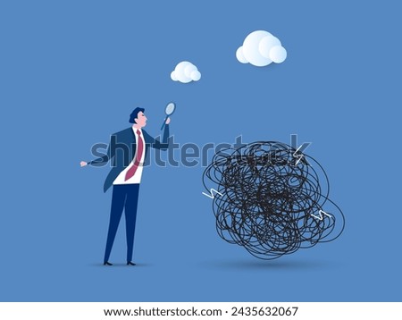 Analyze problem finding solution or opportunity, look for details to solve problem, discovery or search, root cause analysis or troubleshooting concept, businessman analyze mess with magnifying glass.