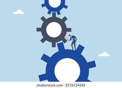 Analyze problem to fix the process, clever entrepreneur chief using a magnifying glass to examine gear issues. 