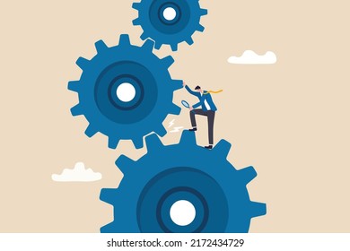 Analyze Problem To Fix The Process, Solving Business Issue For Smooth Workflow, Project Management Or Development Concept, Smart Businessman Leader With Magnifying Glass To Analyze Cog Wheels Problem.