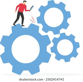 Problema de Analyze para arreglar el proceso, resolviendo problemas comerciales para un flujo de trabajo sin problemas, gestión de proyectos o concepto de desarrollo, líder de hombre de negocios inteligente con lupa para analizar el problema de las ruedas dentadas.