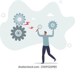 Analyze problem to fix the process, solving business issue for smooth workflow, project management or development concept.flat characters.