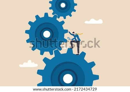 Analyze problem to fix the process, solving business issue for smooth workflow, project management or development concept, smart businessman leader with magnifying glass to analyze cog wheels problem.