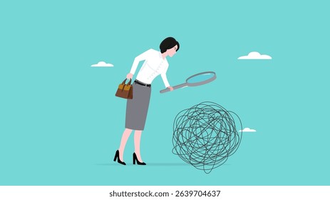 Analyze problems to find solutions or opportunities, look for the root cause of the problem, business woman examines messy lines with magnifying glass