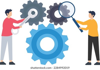 Analyze problems to fix the process, solving business issues for smooth workflow, project management or development, analyze cog wheel problems. Find solutions concept
