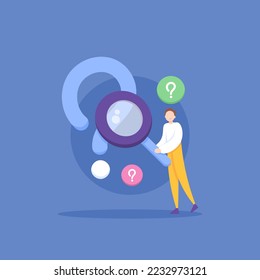 analyze a question or problem. looking for answers and solutions. frequently asked questions or FAQs. user assistance. customer service center. illustration concept design. vector elements