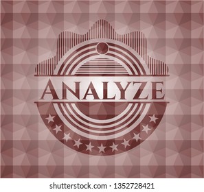 Analyze red seamless emblem or badge with abstract geometric polygonal pattern background.