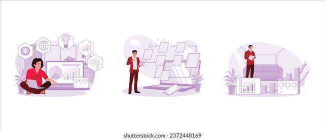 Analyze reports with digital augmented reality graphic technology. Businessman creating workflow process. Financial investment consultant analyzing financial balance reports, Work Flow concept. 