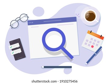 Analyse der Forschung online oder Internet-Web-inspizieren der digitalen Website-Informationskonzept Vektorgrafik Cartoon-Illustration, Audit-Service oder Suchmaschinenoptimierung Seiteninhalt, Expertenidee