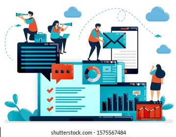 Analyze statistic and data on company report. Laptop dashboard for accounting job. Optimize mobile digital services for work. Flat vector human illustration for landing page, website, mobile, poster
