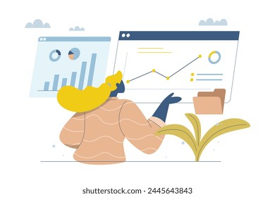 Analyze and verify, Análisis y monitoreo de datos de negocios, Gestión de seguimiento de estadísticas, Comunicación en línea, Mujer de negocios que comprueba datos masivos en el tablero o página de Sitio web, Ilustración vectorial.