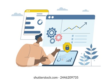 Analyze and verify, Análisis y monitoreo de datos de negocios, Administración de seguimiento de estadísticas, Comunicación en línea, Hombre de negocios que comprueba datos masivos en el tablero o página de Sitio web, ilustración de diseño de Vector.