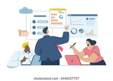 Analyze and verify, Business data analysis and monitoring, Statistics tracking management, Online communication, Business team checking big data on dashboard or website page, Vector illustration.