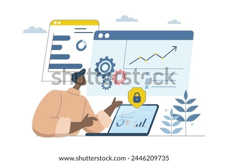 Analyze and verify, Business data analysis and monitoring, Statistics tracking management, Online communication, Businessman checking big data on dashboard or website page, Vector design illustration.